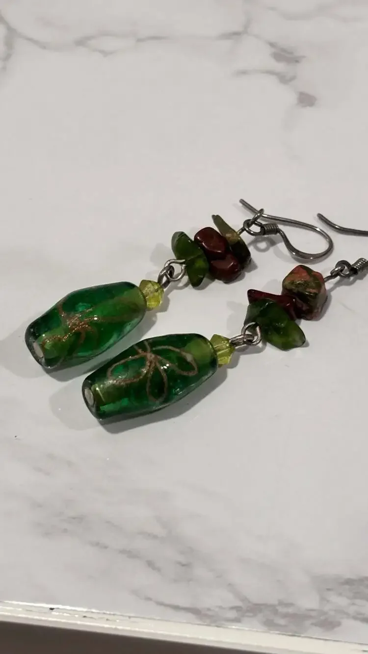 Handcrafted Green Glass Bead Dangle Earrings